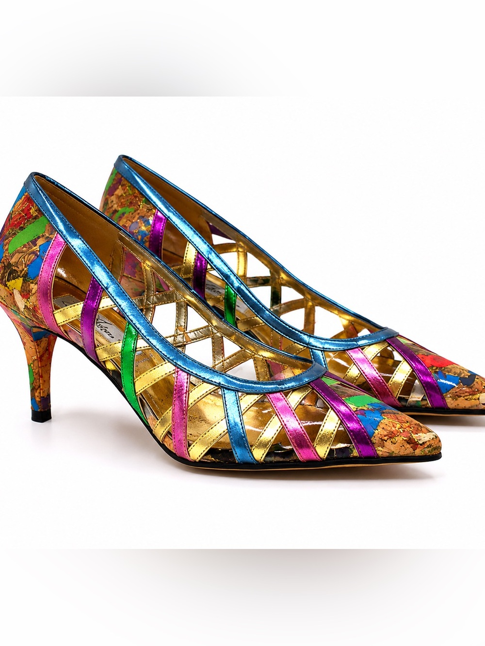 Adora Vintage Metallic Heels Strappy  Cork Mosaic Size 7 M  Colorful Shoes Y2K